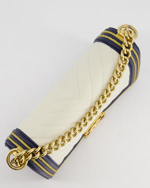 *HOT* Chanel Navy & White Medium Boy Bag in Lambskin Leather with Gold Hardware and Gold Rope Trim Detail