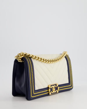 *HOT* Chanel Navy & White Medium Boy Bag in Lambskin Leather with Gold Hardware and Gold Rope Trim Detail