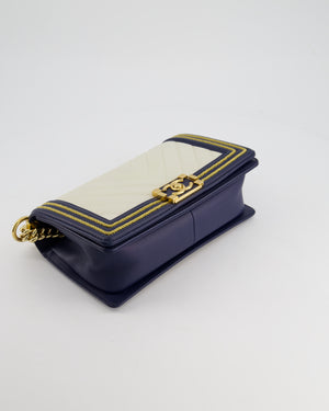 *HOT* Chanel Navy & White Medium Boy Bag in Lambskin Leather with Gold Hardware and Gold Rope Trim Detail