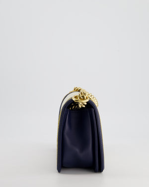 *HOT* Chanel Navy & White Medium Boy Bag in Lambskin Leather with Gold Hardware and Gold Rope Trim Detail