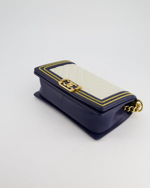 *HOT* Chanel Navy & White Medium Boy Bag in Lambskin Leather with Gold Hardware and Gold Rope Trim Detail