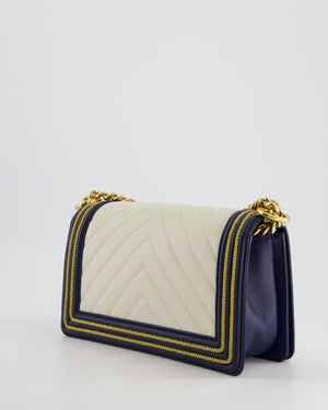 *HOT* Chanel Navy & White Medium Boy Bag in Lambskin Leather with Gold Hardware and Gold Rope Trim Detail