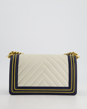 *HOT* Chanel Navy & White Medium Boy Bag in Lambskin Leather with Gold Hardware and Gold Rope Trim Detail