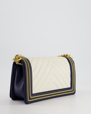 *HOT* Chanel Navy & White Medium Boy Bag in Lambskin Leather with Gold Hardware and Gold Rope Trim Detail