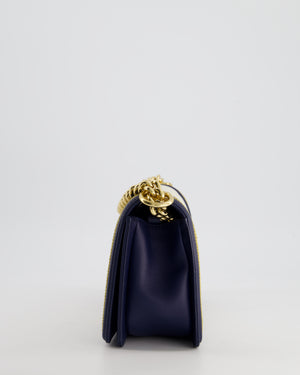 *HOT* Chanel Navy & White Medium Boy Bag in Lambskin Leather with Gold Hardware and Gold Rope Trim Detail