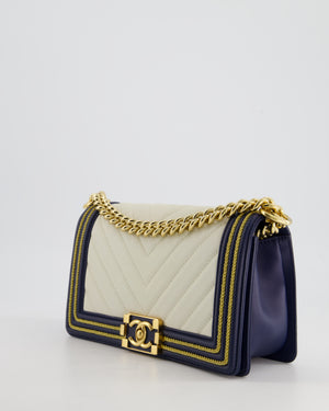 *HOT* Chanel Navy & White Medium Boy Bag in Lambskin Leather with Gold Hardware and Gold Rope Trim Detail