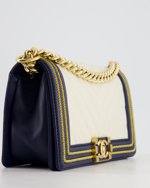 *HOT* Chanel Navy & White Medium Boy Bag in Lambskin Leather with Gold Hardware and Gold Rope Trim Detail