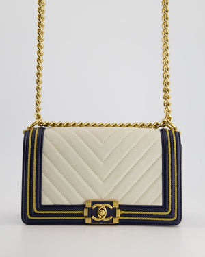 *HOT* Chanel Navy & White Medium Boy Bag in Lambskin Leather with Gold Hardware and Gold Rope Trim Detail