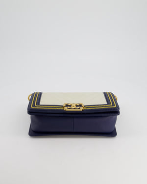 *HOT* Chanel Navy & White Medium Boy Bag in Lambskin Leather with Gold Hardware and Gold Rope Trim Detail