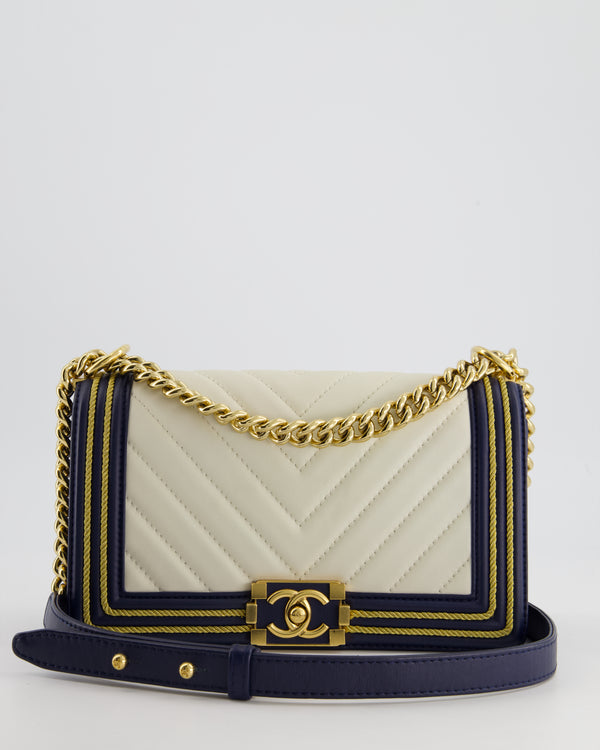 *HOT* Chanel Navy & White Medium Boy Bag in Lambskin Leather with Gold Hardware and Gold Rope Trim Detail