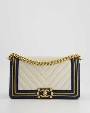 *HOT* Chanel Navy & White Medium Boy Bag in Lambskin Leather with Gold Hardware and Gold Rope Trim Detail