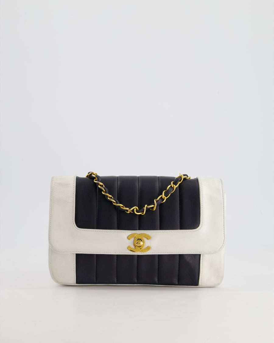 Chanel Black, White Vintage Mademoiselle Single Flap Bag in Lambskin Leather with 24K Gold Plated Hardware