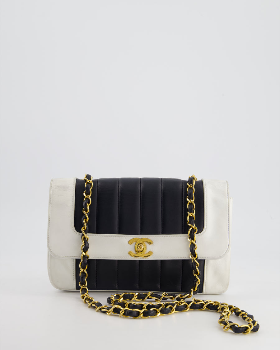 Chanel Black, White Vintage Mademoiselle Single Flap Bag in Lambskin Leather with 24K Gold Plated Hardware