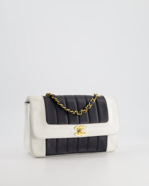 Chanel Black, White Vintage Mademoiselle Single Flap Bag in Lambskin Leather with 24K Gold Plated Hardware