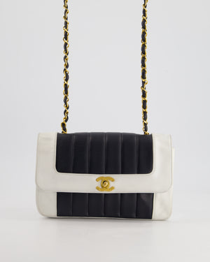 Chanel Black, White Vintage Mademoiselle Single Flap Bag in Lambskin Leather with 24K Gold Plated Hardware