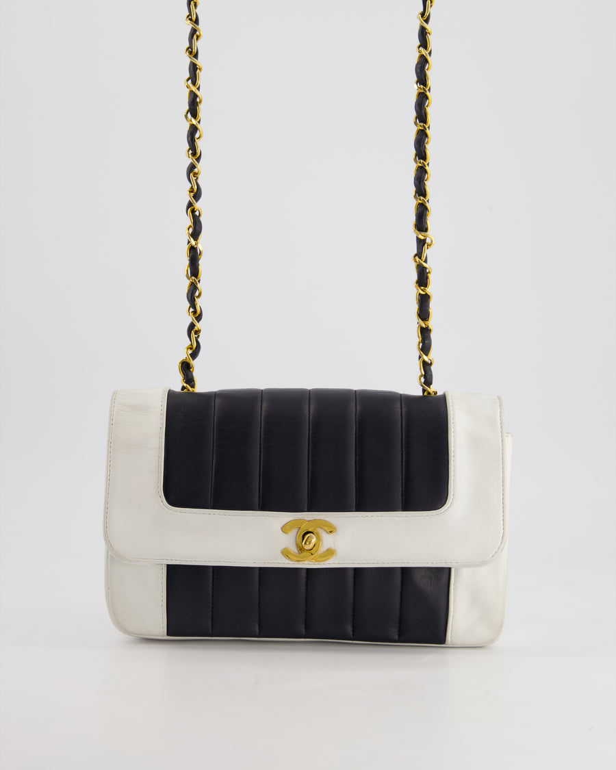 Chanel Black, White Vintage Mademoiselle Single Flap Bag in Lambskin Leather with 24K Gold Plated Hardware