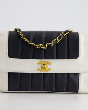 Chanel Black, White Vintage Mademoiselle Single Flap Bag in Lambskin Leather with 24K Gold Plated Hardware