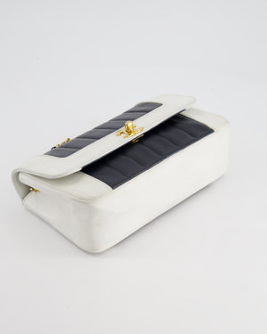 Chanel Black, White Vintage Mademoiselle Single Flap Bag in Lambskin Leather with 24K Gold Plated Hardware