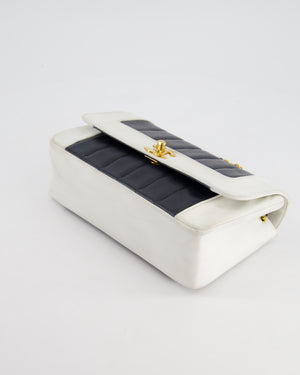 Chanel Black, White Vintage Mademoiselle Single Flap Bag in Lambskin Leather with 24K Gold Plated Hardware