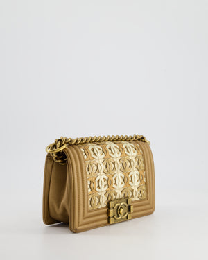 *LIMITED EDITION* Chanel Gold Metallic Small Boy Bag In Calfskin Leather with Antique Gold Hardware CC Details