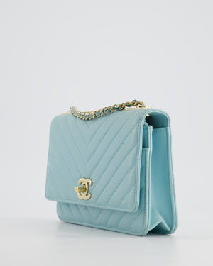 Chanel Tiffany Blue Chevron Quilted Trendy Wallet on Chain Bag in Lambskin Leather with Champagne Gold Hardware