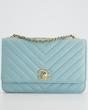 Chanel Tiffany Blue Chevron Quilted Trendy Wallet on Chain Bag in Lambskin Leather with Champagne Gold Hardware