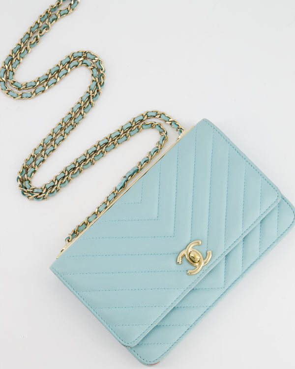 Chanel Tiffany Blue Chevron Quilted Trendy Wallet on Chain Bag in Lambskin Leather with Champagne Gold Hardware