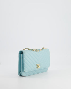 Chanel Tiffany Blue Chevron Quilted Trendy Wallet on Chain Bag in Lambskin Leather with Champagne Gold Hardware