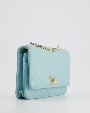 Chanel Tiffany Blue Chevron Quilted Trendy Wallet on Chain Bag in Lambskin Leather with Champagne Gold Hardware