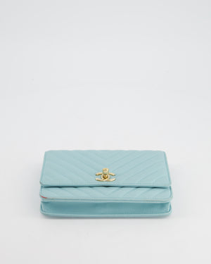 Chanel Tiffany Blue Chevron Quilted Trendy Wallet on Chain Bag in Lambskin Leather with Champagne Gold Hardware