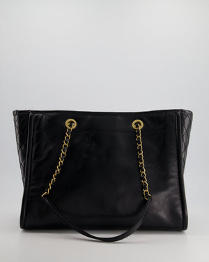 *HOT* Chanel Black Small Deauville Tote Bag in Shiny Calfskin Leather with Antique Gold Hardware and Pearl, Crystal Logo Detail