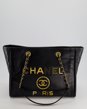 *HOT* Chanel Black Small Deauville Tote Bag in Shiny Calfskin Leather with Antique Gold Hardware and Pearl, Crystal Logo Detail