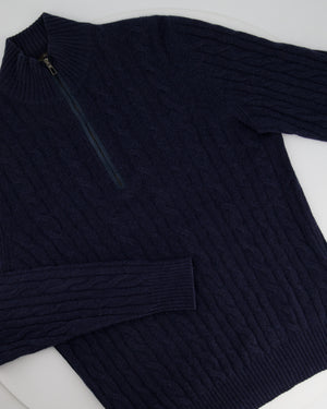 Loro Piana Menswear Navy Cable Knit Long Sleeve Jumper with Suede Quarter Zip Detail IT 48 (UK 38) RRP £1,700