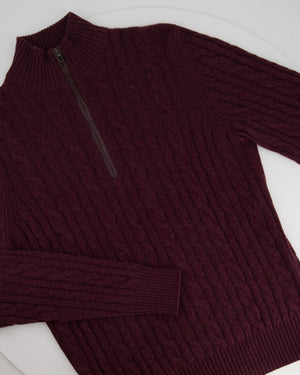 Loro Piana Menswear Burgundy Cable Knit Long Sleeve Jumper with Suede Quarter Zip Detail IT 48 (UK 38) RRP £1,700