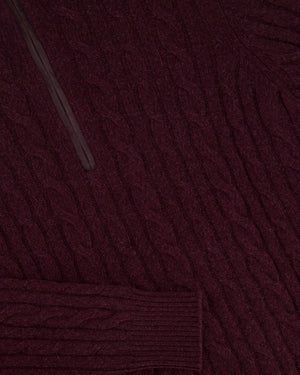 Loro Piana Menswear Burgundy Cable Knit Long Sleeve Jumper with Suede Quarter Zip Detail IT 48 (UK 38) RRP £1,700