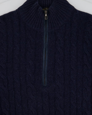 Loro Piana Menswear Navy Cable Knit Long Sleeve Jumper with Suede Quarter Zip Detail IT 48 (UK 38) RRP £1,700