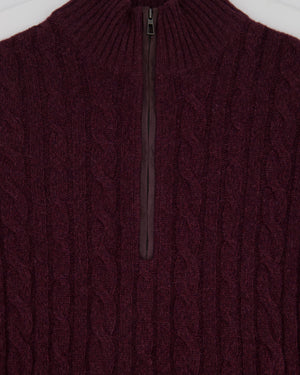 Loro Piana Menswear Burgundy Cable Knit Long Sleeve Jumper with Suede Quarter Zip Detail IT 48 (UK 38) RRP £1,700