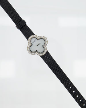 Van Cleef & Arpels Black Leather Alhambra 27mm White Gold Watch with Diamonds