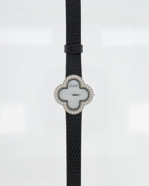 Van Cleef & Arpels Black Leather Alhambra 27mm White Gold Watch with Diamonds