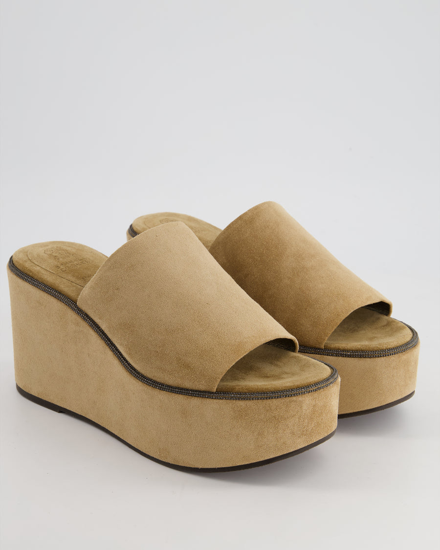 Brunello Cucinelli Beige Suede Platform Wedge with Bead Embroidery Trim Detail Size EU 38.5 RRP £550