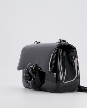 Chanel Black Mini Single Flap Bag in Patent Leather with Camelia and Black Hardware