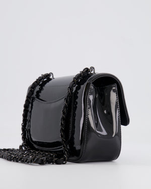 Chanel Black Mini Single Flap Bag in Patent Leather with Camelia and Black Hardware