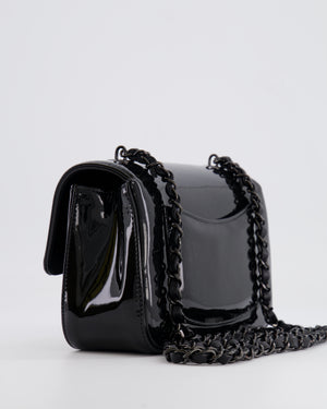 Chanel Black Mini Single Flap Bag in Patent Leather with Camelia and Black Hardware