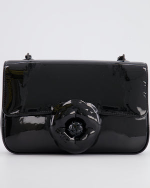 Chanel Black Mini Single Flap Bag in Patent Leather with Camelia and Black Hardware