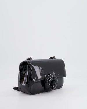 Chanel Black Mini Single Flap Bag in Patent Leather with Camelia and Black Hardware