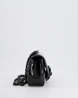 Chanel Black Mini Single Flap Bag in Patent Leather with Camelia and Black Hardware