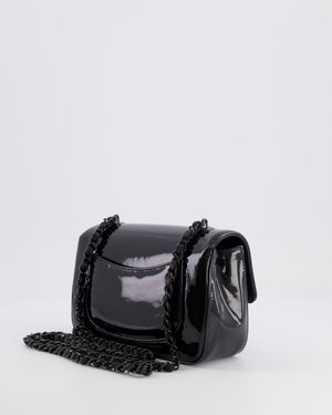 Chanel Black Mini Single Flap Bag in Patent Leather with Camelia and Black Hardware