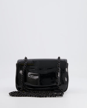 Chanel Black Mini Single Flap Bag in Patent Leather with Camelia and Black Hardware