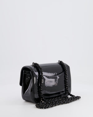 Chanel Black Mini Single Flap Bag in Patent Leather with Camelia and Black Hardware