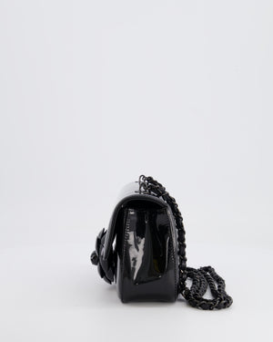 Chanel Black Mini Single Flap Bag in Patent Leather with Camelia and Black Hardware